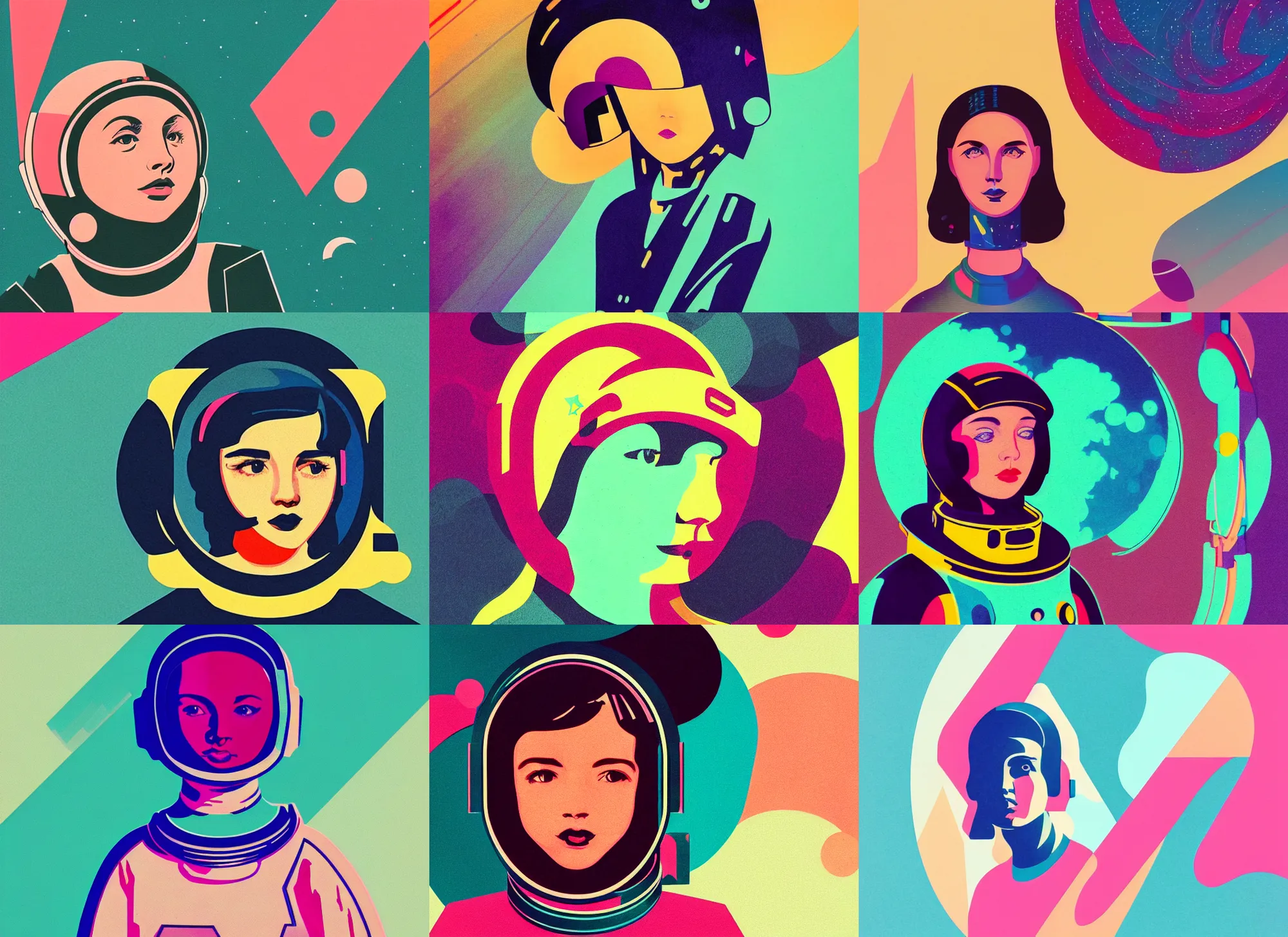 Prompt: ( ( strong dither ) ), editorial illustration portrait of a young astronaut girl, colorful modern, modern art deco, art nouveau, fine texture, dynamic composition, detailed, matte print, dynamic perspective, muted color, lomography, ( ( risograph ) ), muted colors