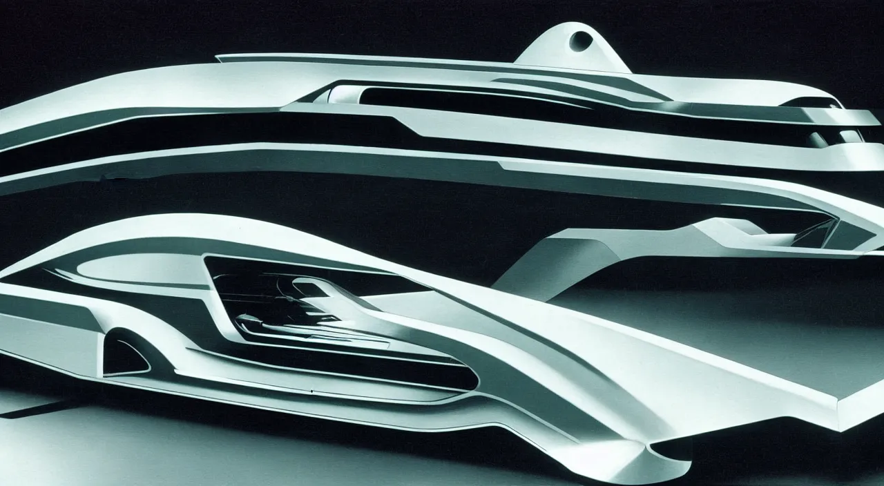 Prompt: high quality photo of a futuristic art deco car from a 60s sci-fi movie cinematic lighting caravaggio