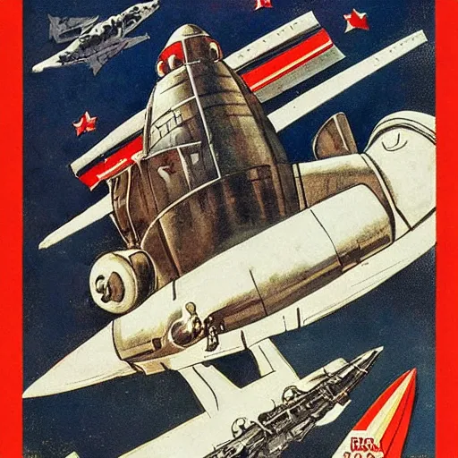 Image similar to soviet spaceship in the style of norman rockwell, world war 2, wwii, propaganda poster, sci - fi illustrations, highly detailed, award - winning, patriotic, soviet, ussr, dark, gritty, ink