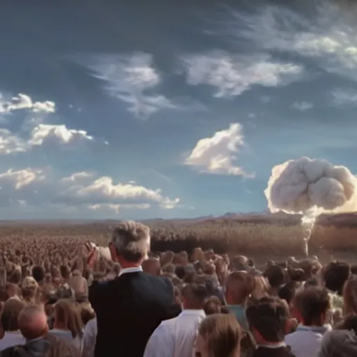 Prompt: wide shot. bill nye the science guy launching a nuclear bomb, looking enlightened, 4k, photography, detailed, detailed face, sharp, cinematic lighting