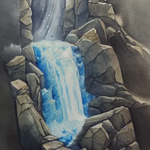 Image similar to water color on paper, elemental waterfall exhibiting all elements, highly detailed, artstation, masterpiece, award - winning,