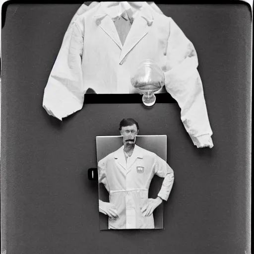 Image similar to a faceless man with a crystal rock as a head and face wearing a lab coat, vintage photography, realistic, 3 5 mm, polaroid, photograph