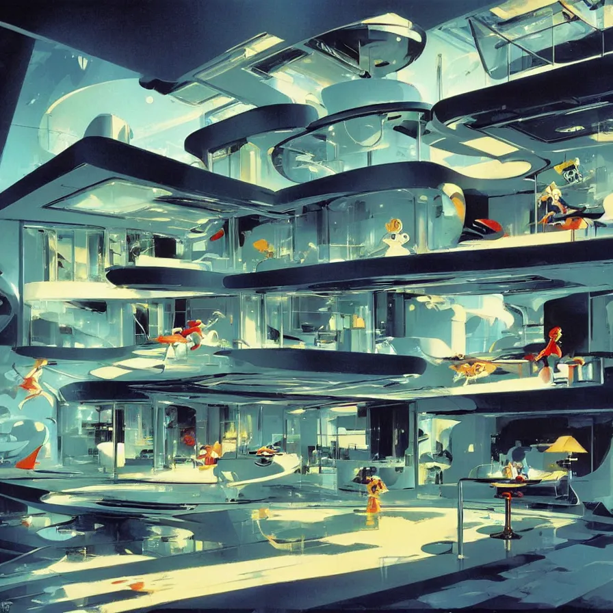 Image similar to concept art of jetsons cartoon indoor scenario of a futuristic house, painted by john berkey