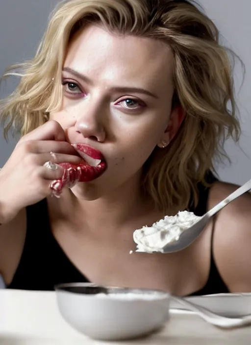 Image similar to scarlett johansson looking at the camera while eating yogurt, she is eating the yogurt too fast and it's on her face. real photo, photoshooting, studio light, black background, intricate, epic lighting, cinematic composition, hyper realistic, 8k resolution, unreal engine 5