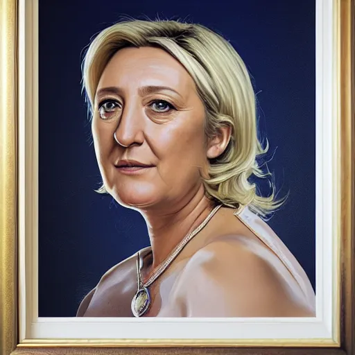 Prompt: Portrait of Marine le Pen , french emperor, heroic, tricolor background, amazing splashscreen artwork, splash art, head slightly tilted, natural light, elegant, intricate, fantasy, atmospheric lighting, cinematic, matte painting, detailed face, by Greg rutkowski