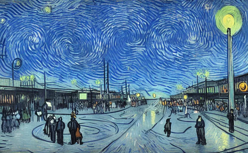 Image similar to people with posters attacking cops, a huge blue spiral - shaped white luminous attractor is floating on the horizon near the sun, stores in los angeles with light screens all over the street, concept art, art for the game, professional lighting, dark night lighting from streetlights, by van gogh