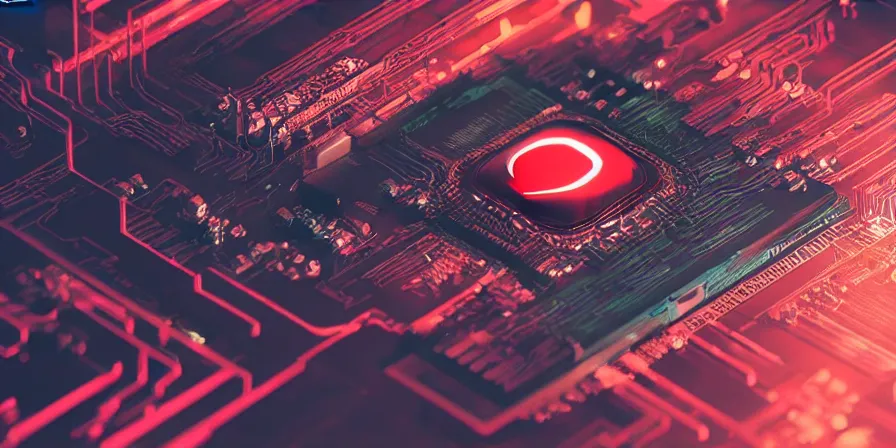 Prompt: “cinematic picture of a red cyberpunk computer chip on a black table, Arasaka Relic, cyberpunk 2077, 8k, octane render, wallpaper”