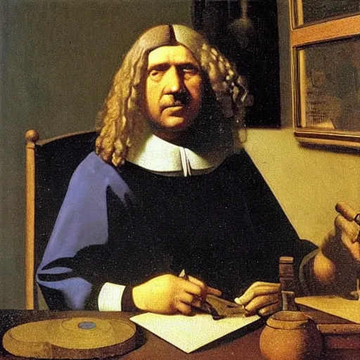 Prompt: An oil painting of Antonie van Leeuwenhoek sat at an escritoire desk with his hand touching an ammonite fossil, there is a window with muntins to his left and a wood closet behind him, in the style of The Astronomer by Vermeer, Dutch Golden Age, Old Masters