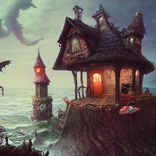 Image similar to a scary witch in front of a witch house made out of candy, floating on the ocean, epic scene, fantasy, cinematic, hyper - detailed, in the style of greg rutkowski