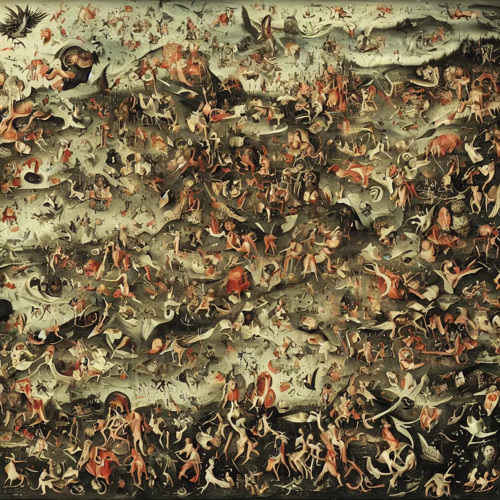 Prompt: war in heaven by heirnonymus Bosch