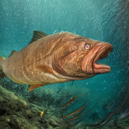 Prompt: incredibly detailed atlantic cod, wide angle shot, backlit, very realistic, underwater, beautiful photo, national geographical, underwater photography, canon 5 d,