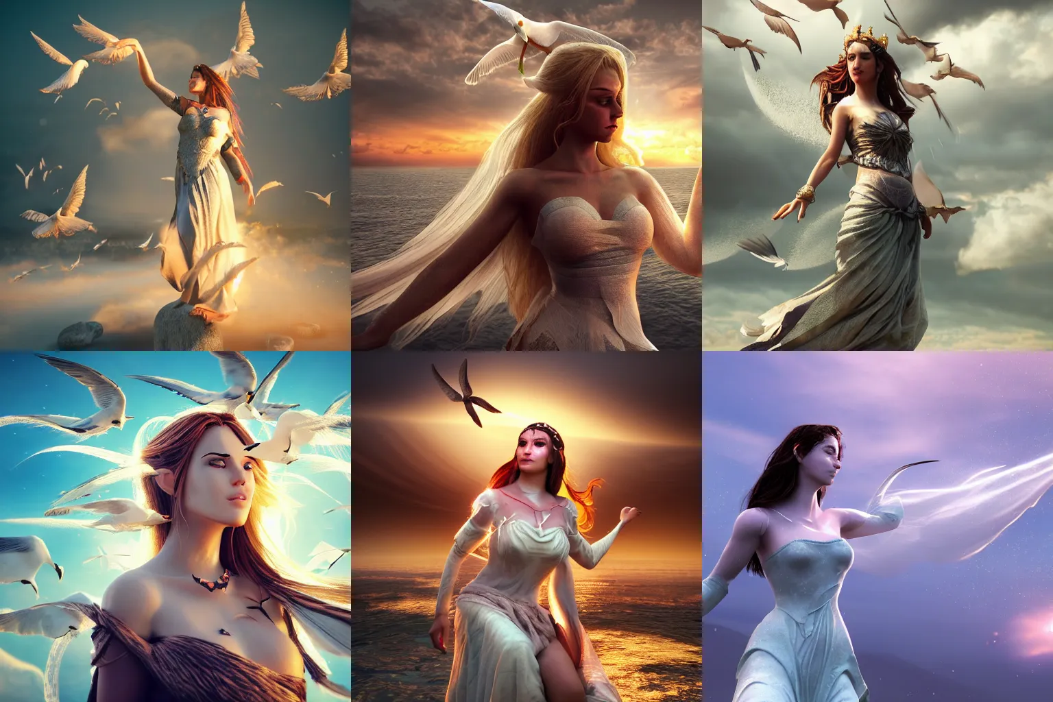 Prompt: a beautiful powerful female goddess of seagulls character, character is in all its glory, character is centered on the image, character is in her natural relaxed pose, rim lights, particles and dust in the air, fancy clouds, highly detailed professional photo, dynamic lights, particles are flying, depth of field, trending on artstation, illustration, hyper realistic, vray caustics, super detailed, colorful accents, cinematic shot
