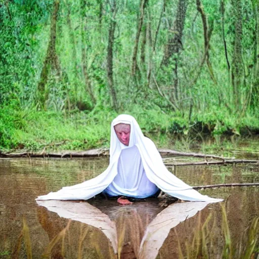 Prompt: a holy woman in a strange pose in a swamp