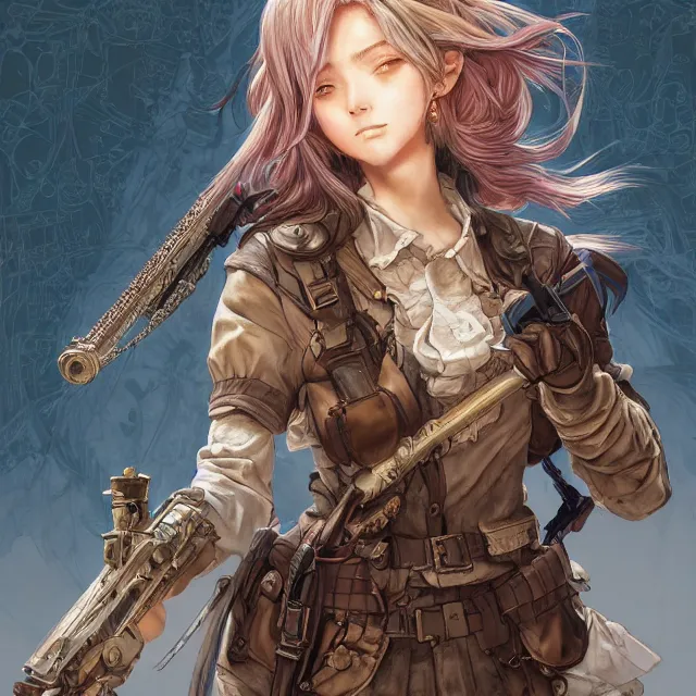 Prompt: the portrait of lawful neutral semi - colorful female infantry gunner as absurdly beautiful, gorgeous, elegant, young anime woman, an ultrafine hyperdetailed illustration by kim jung gi, irakli nadar, intricate linework, bright colors, octopath traveler, final fantasy, unreal engine 5 highly rendered, global illumination, radiant light, detailed and intricate environment