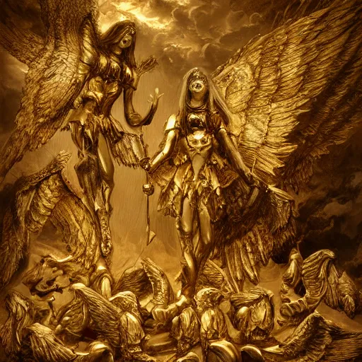 Image similar to fallen angels in golden armour ( gustav dore, artstation, deviantart )