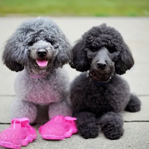 Prompt: two cute old black/grey toy poodles wearing pink shoes