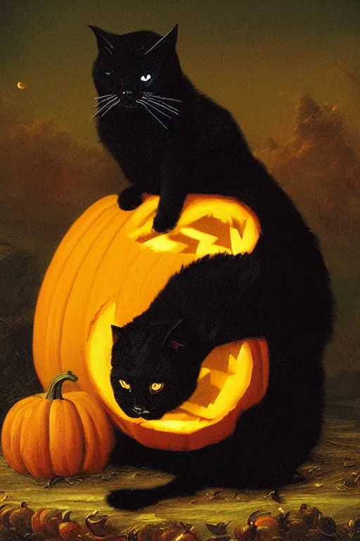 Prompt: dark fantasy painting of giant black cat sitting on a pumpkin, by bekinski, by thomas cole