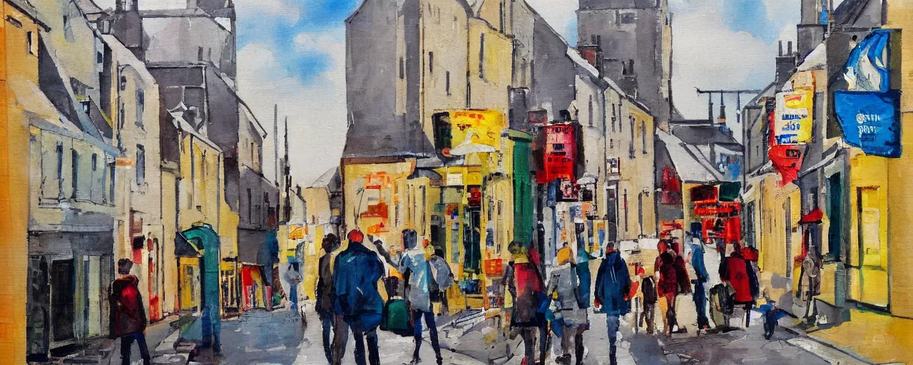 Prompt: a painting of street life in kirkwall orkney, romantic, bright, passionate, hot