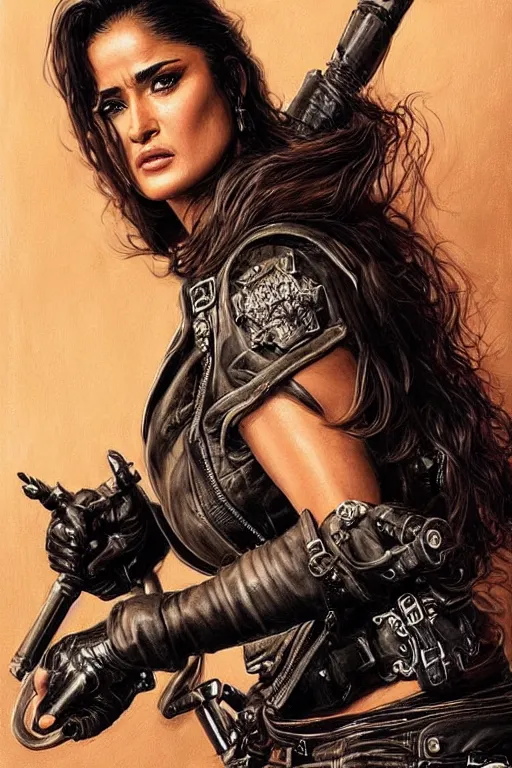 Image similar to muscled Salma Hayek as a ruggedly handsome heroine , dressed in biker leather , mad max , intricate, elegant, highly detailed, centered, digital painting, artstation, concept art, smooth, sharp focus, illustration, art by artgerm and donato giancola and Joseph Christian Leyendecker, Ross Tran, WLOP