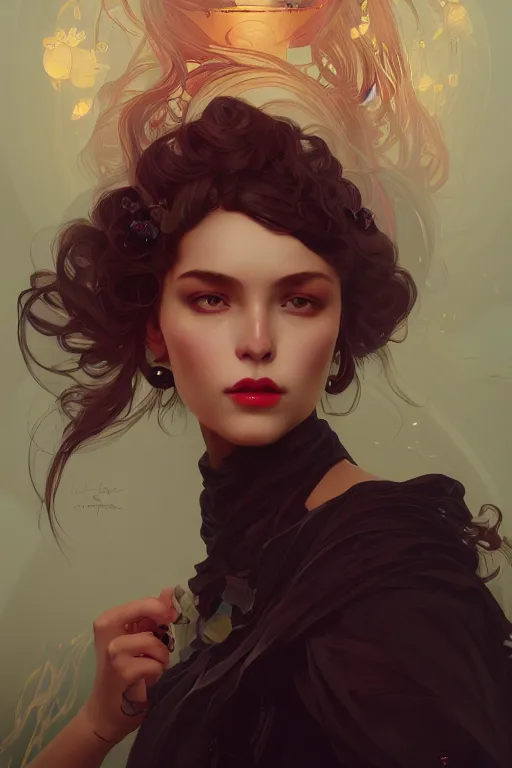 Image similar to Black Magician Girl, digital painting, portrait, elegant, cinematic lighting, mysterious, highly detailed, artstation, concept art, illustration, smooth, sharp focus, editor's pickup, trending on artstation, trending on deviantart, alphonse mucha, WLOP