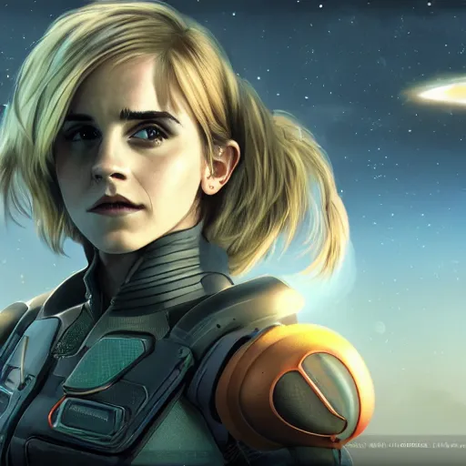 Prompt: a highly detailed matte portrait emma watson as samus aran standing in a space station and looking at jupiter, sci fi and fantasy, viewed in profile from far away, crackling black lightning, ultrawide lens, art by artgerm and greg rutkowski and alphonse mucha, volumetric lighting, octane render, 4 k resolution, trending on artstation, masterpiece