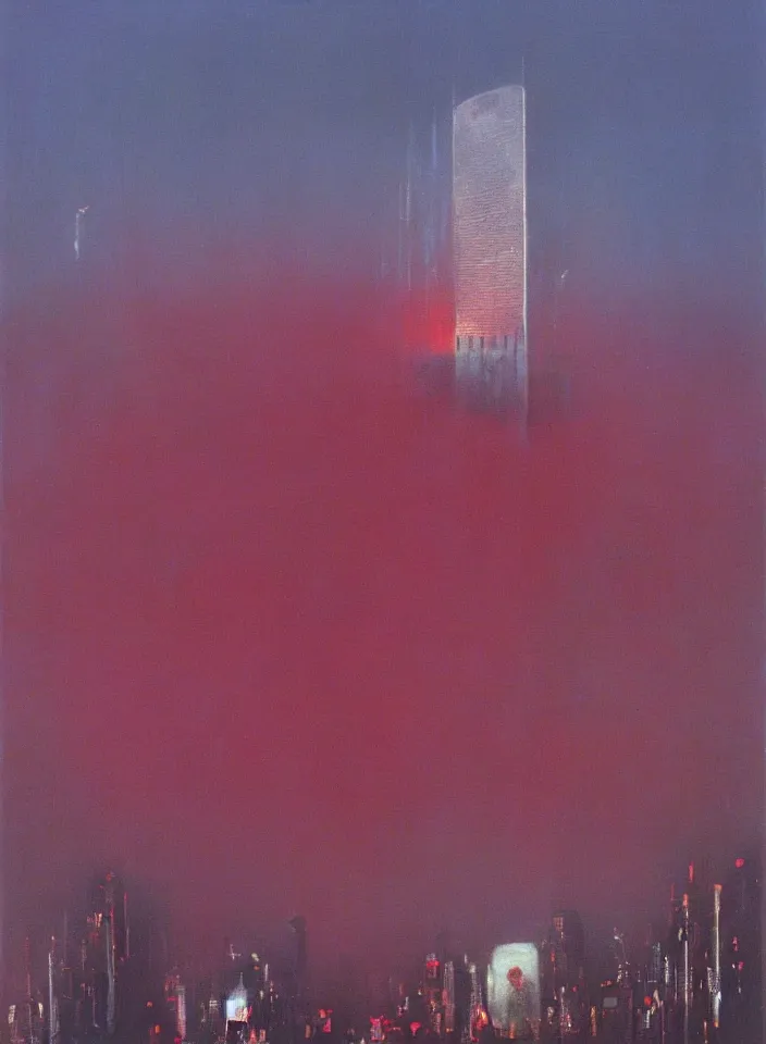 Image similar to 9 / 1 1 terror attack, red and purple palette, volume light, fog, by wayne thiebaud by ( h. r. giger ) and paul lehr