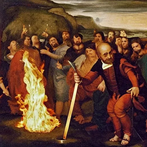 Image similar to former Federal Reserve chairman Ben Bernanke wielding a flaming sword, Renaissance painting