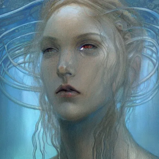 Image similar to vertical eyes, tentacle-enabled underwater human descendant, futuristic painting by jim burns, edward burne-jones, krenz cushart, dagon, hd 8k