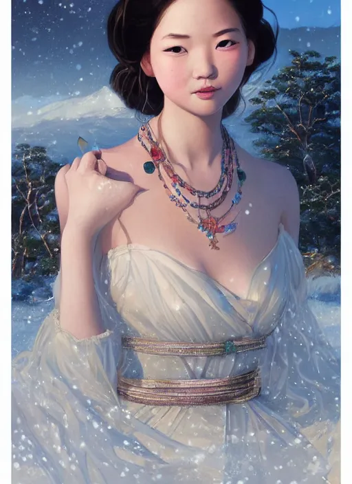 Prompt: a beautiful young charming princess asian goddess with sundress & jewelry & shinny eyes & winter, symmetric, realistic shaded, unpleasant face, good looking, fine details, dior, lv, realistic shaded lighting poster by greg rutkowski, macoto takahashi, magali villeneuve, artgerm, jeremy lipkin and michael garmash