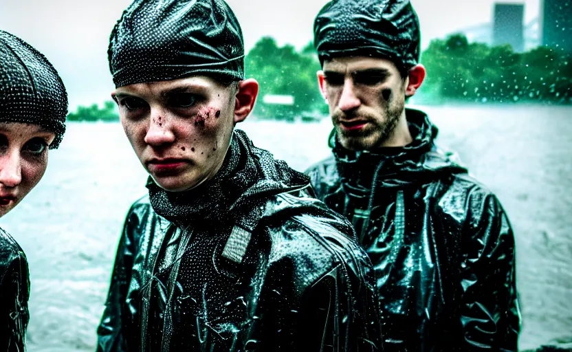 Image similar to cinestill 5 0 d candid photographic portrait by helen levitt of two cyberpunks wearing rugged silver mesh techwear in treacherous waters, extreme closeup, modern cyberpunk moody depressing cinematic, pouring rain, 8 k, hd, high resolution, 3 5 mm, f / 3 2, ultra realistic faces, ex machina