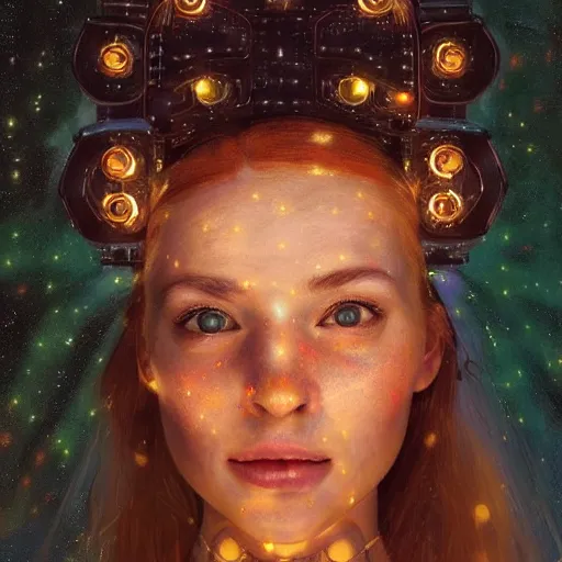 Image similar to a totally amazed smiling pretty robot surrounded by golden firefly lights in a mesmerizing scene, fully covering intricate detailed bohemian outfit, long loose red hair, precise linework, accurate green eyes, small nose with freckles, beautiful smooth oval head, expressive emotions, hyper realistic ultrafine portrait by artemisia gentileschi, jessica rossier, greg rutkowski, artgerm