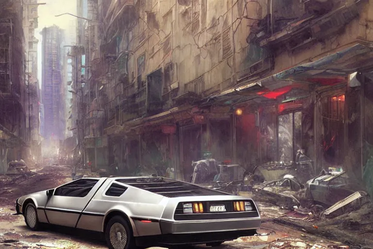 Image similar to photograph of the delorean driving down the streets of a cyberpunk abandoned city, by greg rutkowski, by stanley artgerm, by alphonse mucha