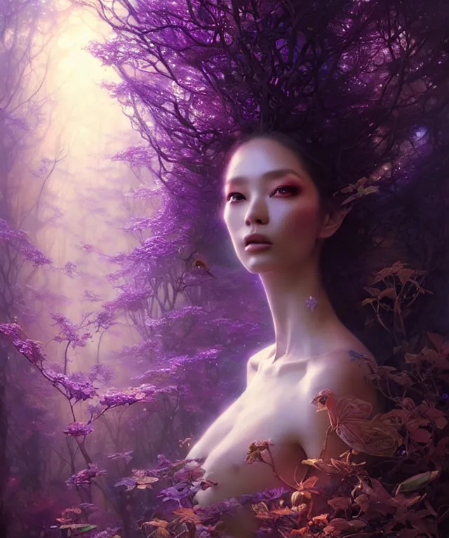 Prompt: ultra detailed photo realistic portrait painting of the beautiful empress of the enchanted glowing purple forest, volumetric lighting, depth of field by karol bak, greg rutkowski, peter mohrbacher and miho hirano.