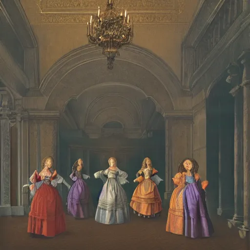 Image similar to fine art, oil on canvas. six women in a vast castle lobby wearing fine clothes, no faces visibles. dark room with light coming through the right side. baroque style 1 6 5 6. high quality realistic recreation of illumination shadows and colors, no distortion on subject faces.