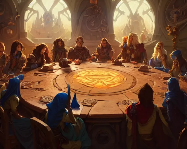 Image similar to a group of wizards gathered around a round table discussing political matters, d & d, fantasy, intricate, elegant, highly detailed, digital painting, artstation, concept art, matte, sharp, illustration, hearthstone, art by artgerm and greg rutkowski and alphonse mucha