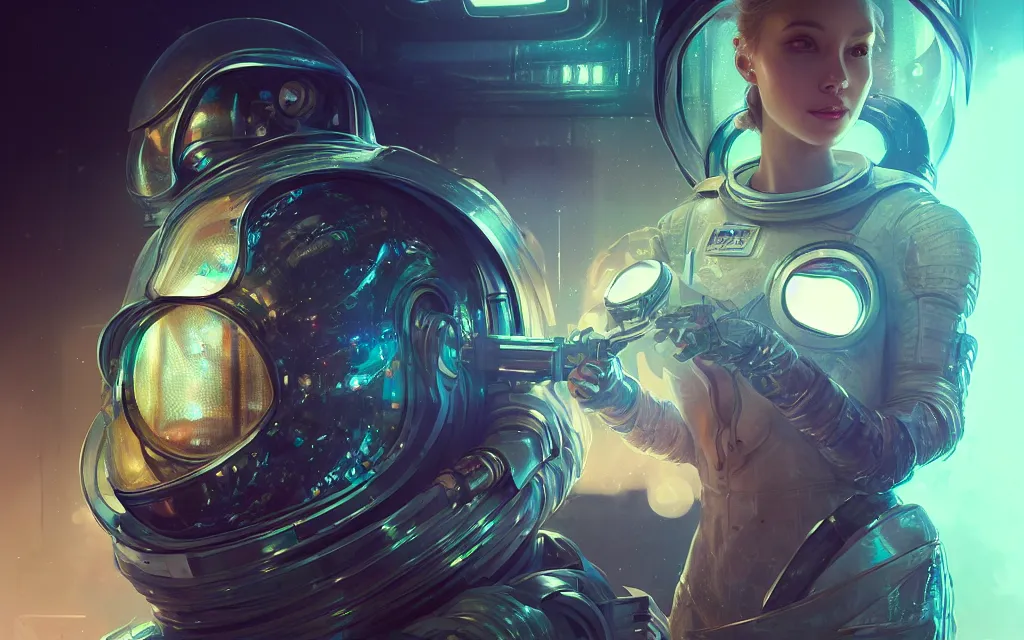 Image similar to portrait armored astronaut girl catched an alien inside spaceship, ssci-fi, neon light and fantasy, intricate and very very beautiful and elegant, highly detailed, digital painting, artstation, concept art, smooth and sharp focus, illustration, art by tian zi and WLOP and alphonse mucha