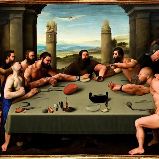 Prompt: renaissance painting of UFC fighters, long table, masvidal, mcgregor, nate diaz, robbie lawler, brock lesnar