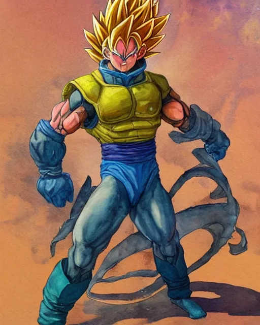 Prompt: a oil / watercolor painting full body character portrait of an old saiyan mercenary powering up in the style of moebius in the style of leonard boyarsky trending on artstation deviantart pinterest detailed photorealistic highlights and shadow hd 8 k post - processing high resolution