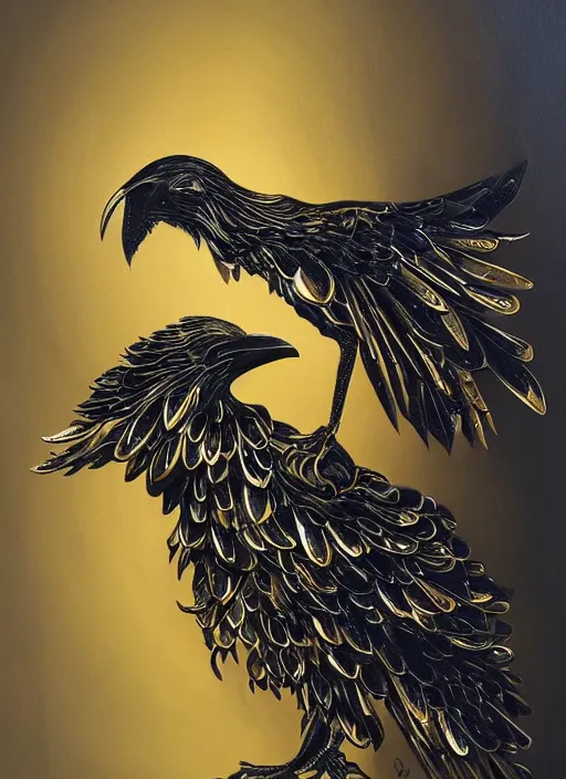 Image similar to metal crow, award - winning painting, abstract, gold and silver shapes, elegant, luxurious, beautiful, lovecraftian, beksinksi, chiaroscuro