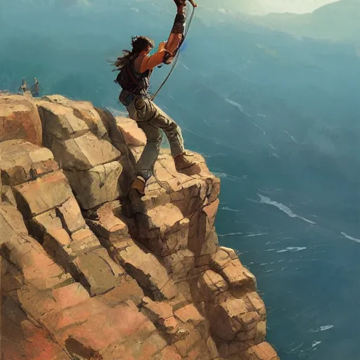 Image similar to adventurer hanging off a rocky cliff holding on by one hand, top down view by Greg Rutkowski by James Gurney