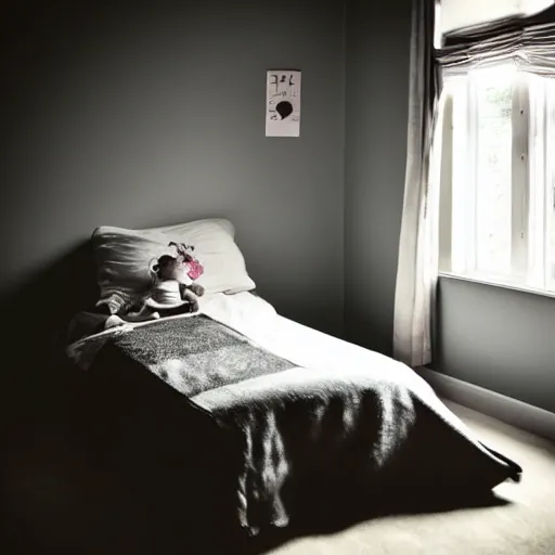 Image similar to dark child room, creepy light, sleeping child, scary eyes under the bed, poor quality photography - H 768