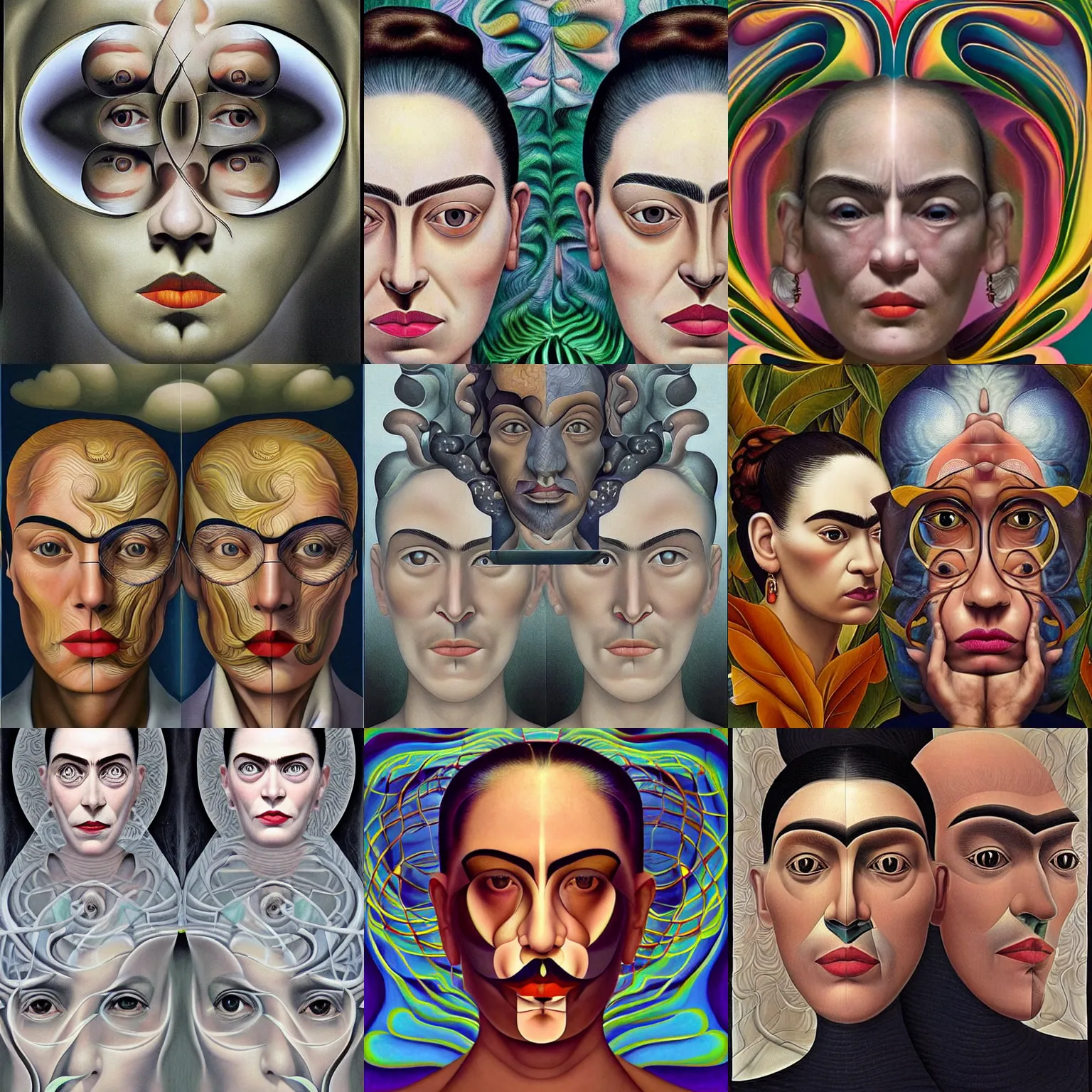 Prompt: a beautiful composition of deeply moving genius, flawless and incredible facial portraiture, depicting Father Time who has two faces and is regarding himself as if in the mirror; wondrous futuristic digital paint, by M. C. Escher and Frida Kahlo