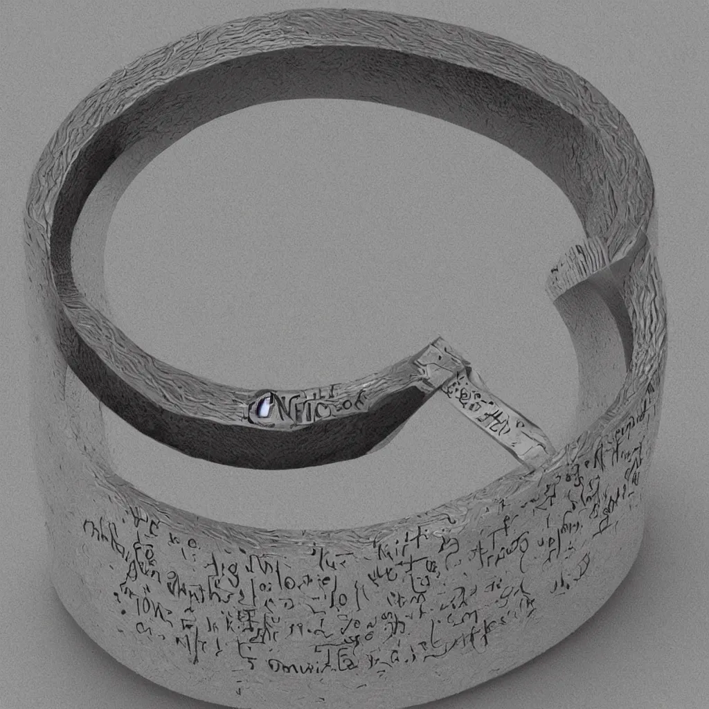 Image similar to the ring from lord if the rings with an imprinted ruler, cm scale imprinted on the inside of the ring, one ring to rule them all, highly detailed, 8 k, trending on artstation, mystic, rpg artwork