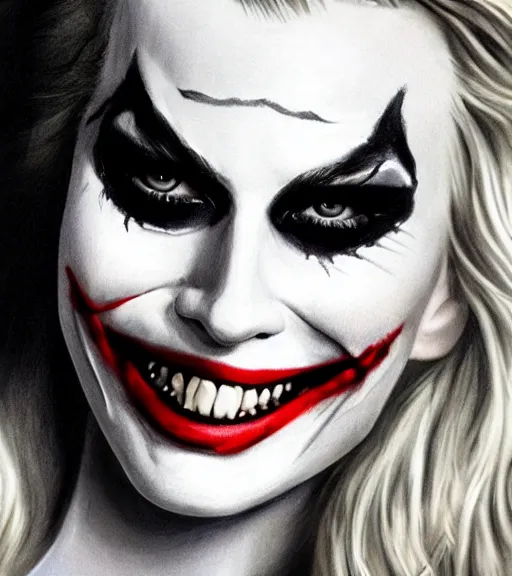 Image similar to margot robbie with joker makeup, pencil drawing, realistic face, beautiful eyes, smiling, hyper realistic, highly detailed