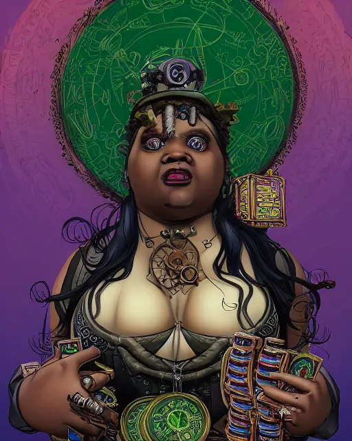 Image similar to a detailed portrait illustration of a steampunk necromancer - gambler. beautiful obese black female face, very dark skin. gorgeous green eyes. voodoo aesthetic. art nouveau, pop art, comic book style. influenced by neil gaiman, dan mumford, brian froud, kehinde wiley, killian eng, ross tran.