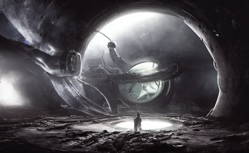 Image similar to an alien spaceship at the end of the worm hole in space, epic scene, extremely detailed masterpiece, extremely moody lighting, glowing light and shadow, atmospheric, shadowy, cinematic, god lighting