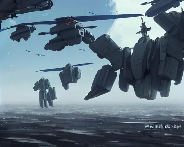 Image similar to Beautiful Epic scene of a beautiful gigantic Patlabor style mech being air lifted by futuristic helicopters above a futuristic Tokyo style military city, extreme detail, by Greg Rutkowski and Krenz Cushart and Pan_Ren_Wei and Hongkun_st and Bo Chen and Enze Fu and WLOP and Alex Chow, Madhouse Inc., anime style, crepuscular rays, set in rainy futuristic cyberpunk Tokyo street, dapped light, dark fantasy, cgsociety, trending on artstation