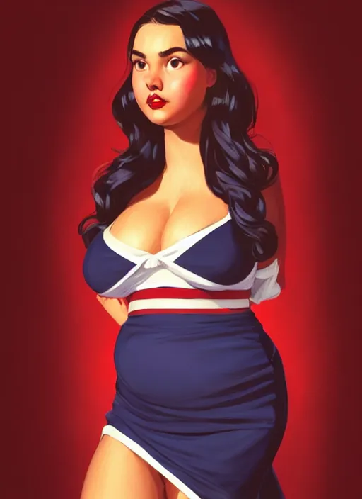 Image similar to full body portrait of teenage veronica lodge, obese, bangs, sultry, realistic, sultry smirk, wavy hair, red skirt, fat, belly, intricate, elegant, glowing lights, highly detailed, digital painting, artstation, concept art, smooth, sharp focus, illustration, art by wlop, mars ravelo and greg rutkowski