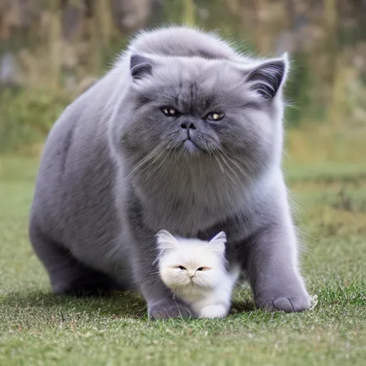 Prompt: Himalayan cat with green fur happily playing with a miniature grey skinned elephant.