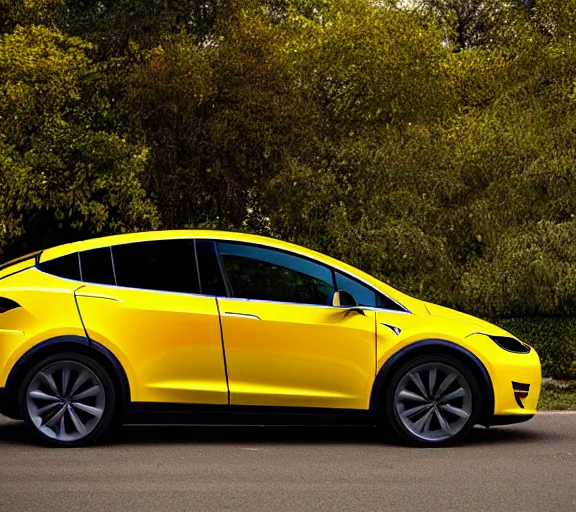 Image similar to a beautiful!!!!!!! studio photograph of a yellow-Tesla-Model-X; f/1.4; 90mm